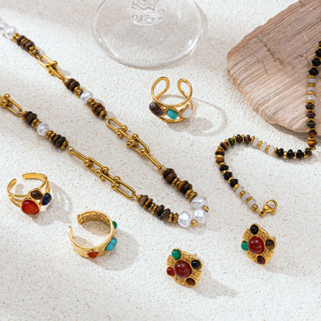 Ensemble de colliers pendentifs en acier inoxydable étanches avec perles de pierre naturelle 2