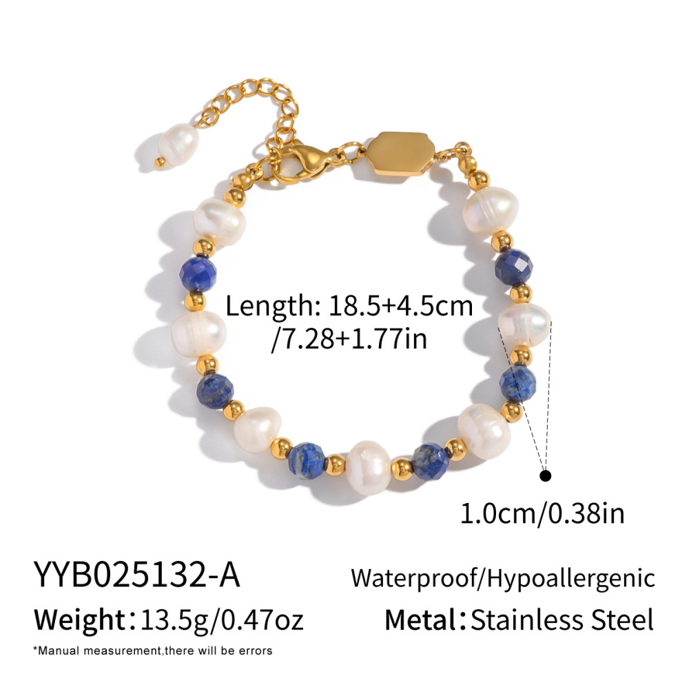 Bracelet Élégant En Acier Inoxydable Imperméable, Orné De Perles Et De Pierres Naturelles (1 Pièce). 
