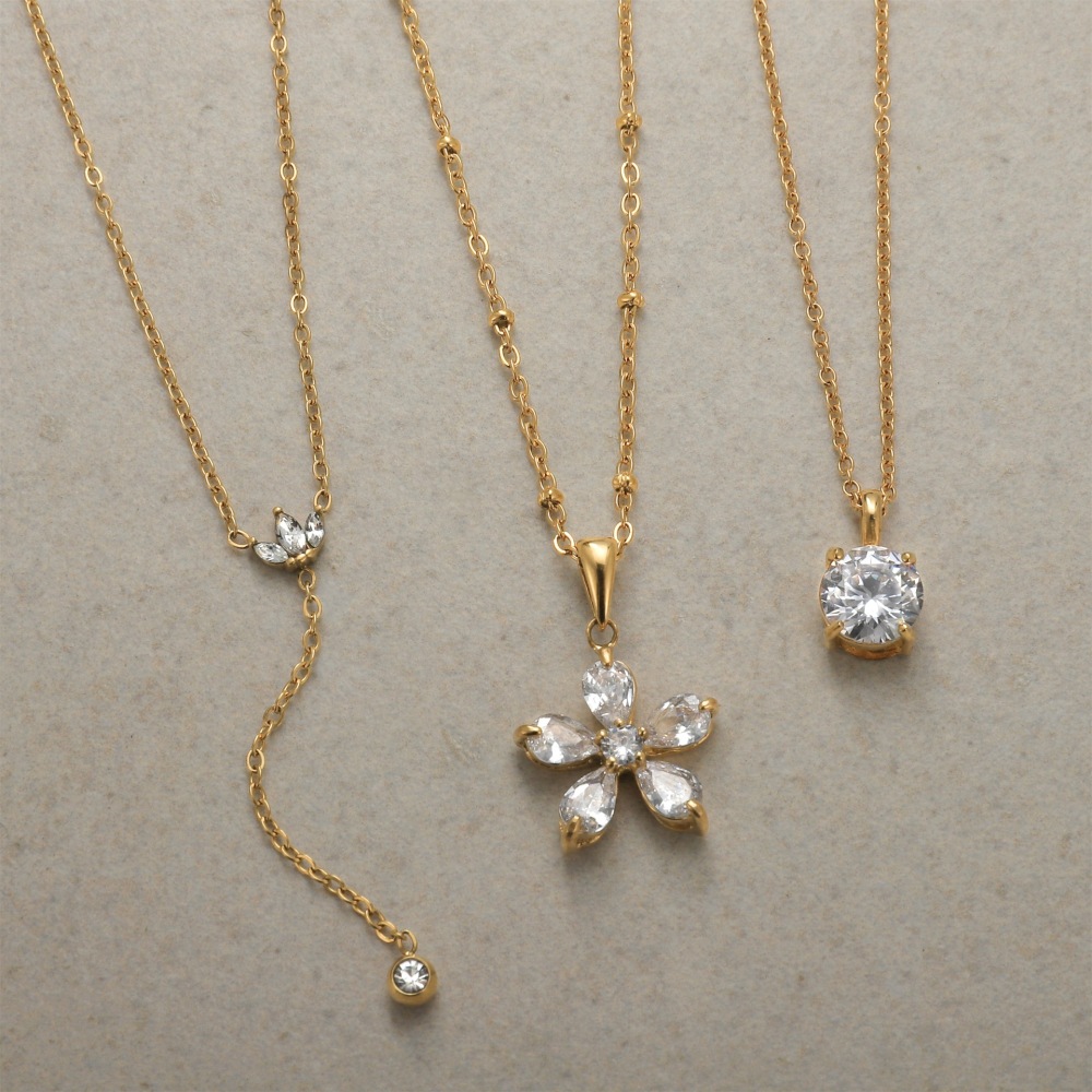 Collier Pendentif Sophistiqué Pour Femme, En Acier Inoxydable, Couleur Or, Avec Zircon, Orné D'Une Fleur. h5Image4