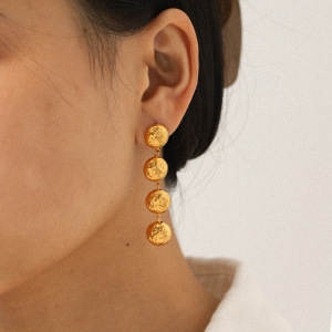 Boucles D'Oreilles Pendantes Sphériques À Pompon, En Acier Inoxydable Doré, Imperméables, Avec Motif Martelé (1 Paire). h5 Image3