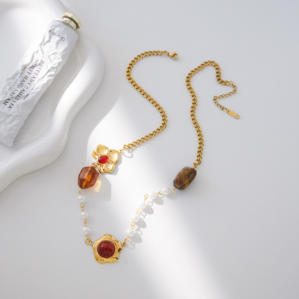 Collier Pendentif Femme Rétro En Acier Inoxydable, Couleur Or, Avec Pendentif Floral En Acrylique (1 Pièce) Image7