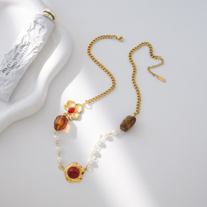 Collier Pendentif Femme Rétro En Acier Inoxydable, Couleur Or, Avec Pendentif Floral En Acrylique (1 Pièce) h5 Image7