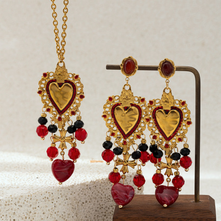 Ensemble collier et collier rétro en acier inoxydable, imperméable, couleur or, avec pompon en cristal et pierre naturelle, motif cœur.