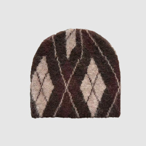 Bonnet Tricoté En Laine Mélangée De Couleurs Mélangées À Carreaux Rétro 1 Pièce h5 