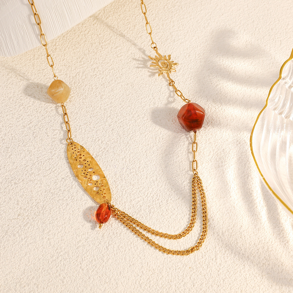 Collier Chaîne Étanche En Acier Inoxydable Ajouré, Motif Soleil, Pour Femme (1 Pièce) Image3
