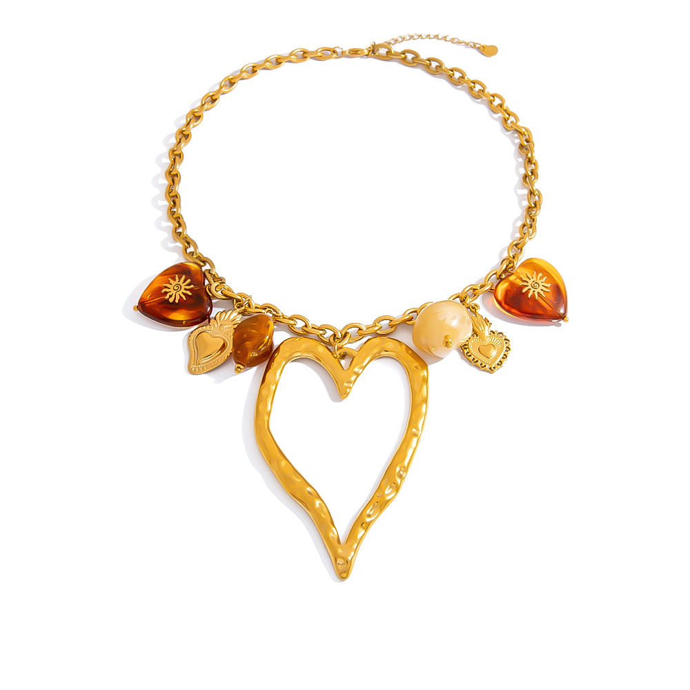 Collier Pendentif Femme Rétro En Forme De Cœur Et De Soleil, En Acier Inoxydable Étanche (1 Pièce) h5Image4