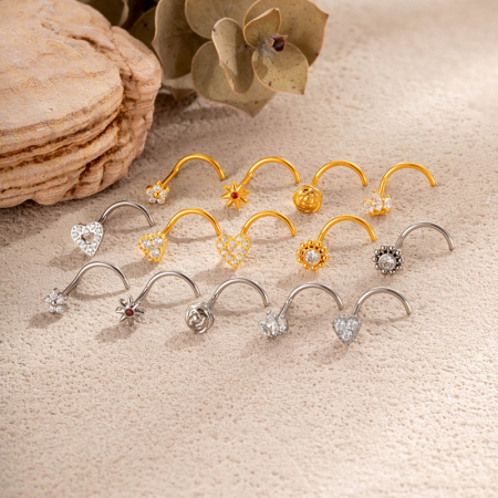 Piercing de nez pour femme en alliage de titane doré avec zircon et motif floral délicat (1 pièce).