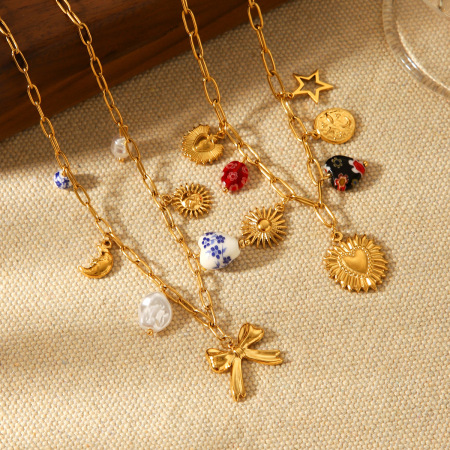 Collier pendentif rétro en forme de cœur, en acier inoxydable étanche, couleur or 2