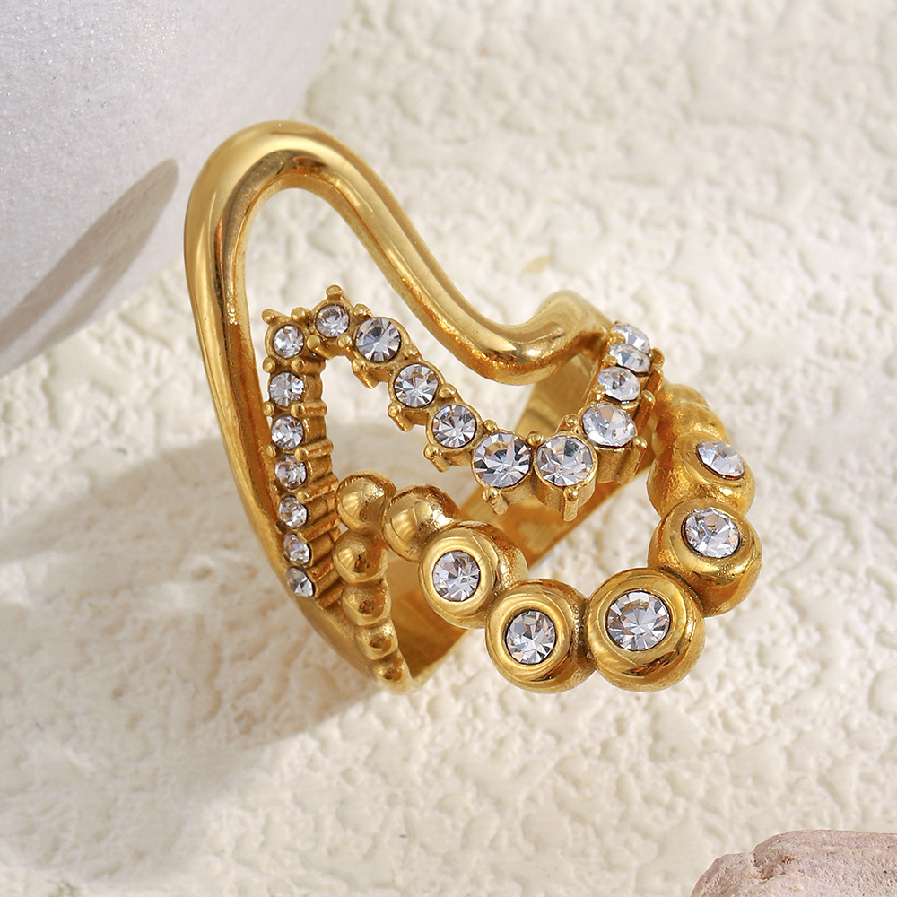 Bague Pour Femme En Acier Inoxydable Étanche, Ornée D'Une Pierre Précieuse Et Ornée D'Un Motif Vague Luxueux Et Léger. Image2