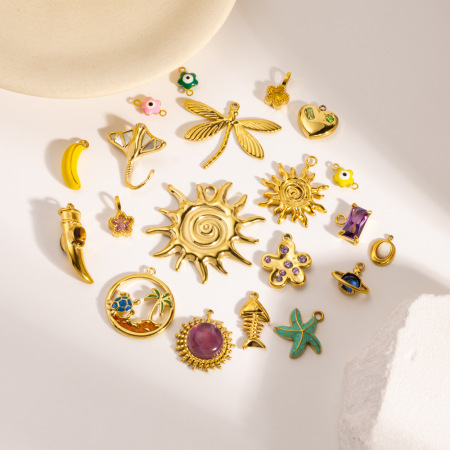 Pendentif femme polyvalent à faire soi-même, motif fleur et soleil, en acier inoxydable étanche, couleur or (1 pièce)