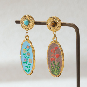 1 Paire De Boucles D'Oreilles Pendantes Romantiques En Émail, En Acier Inoxydable, Couleur Or, Avec Pierre Naturelle Et Motif Floral. h5 Image4