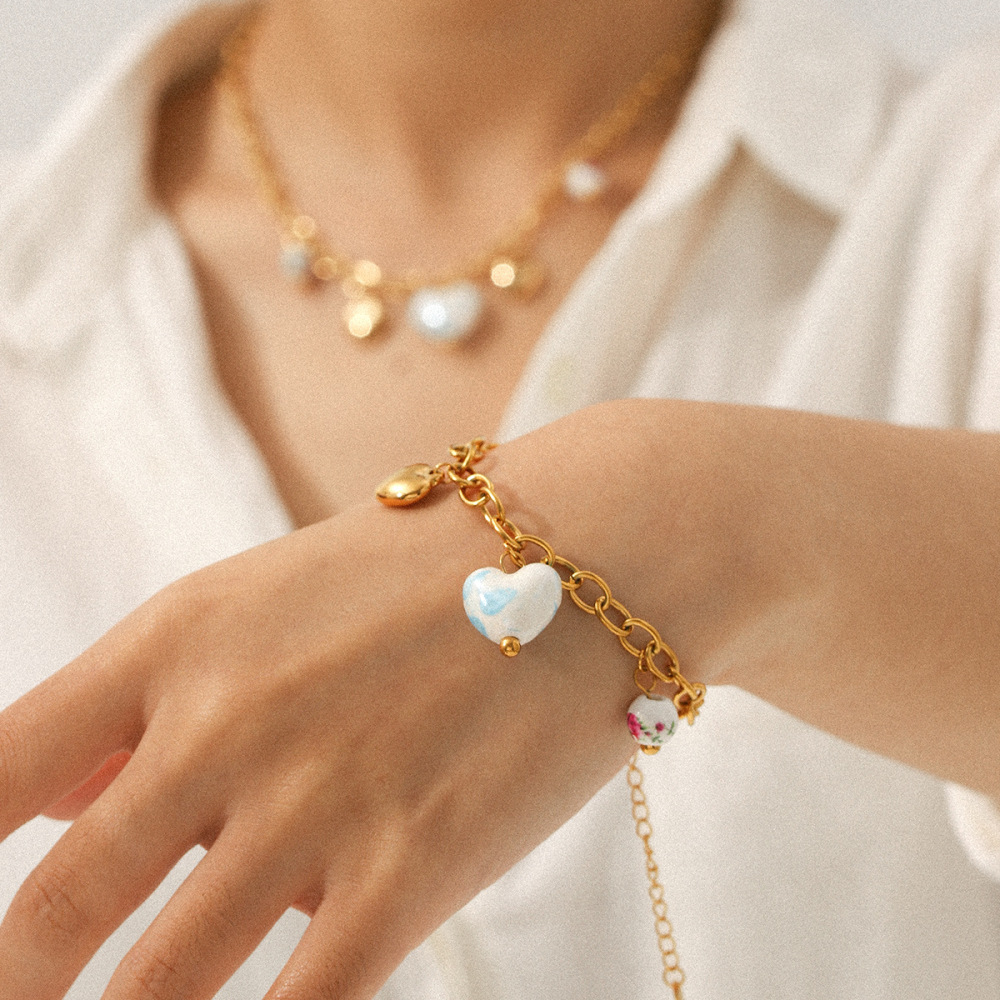Collier Pendentif En Forme De Cœur En Céramique, Acier Inoxydable Étanche, Couleur Or Image4