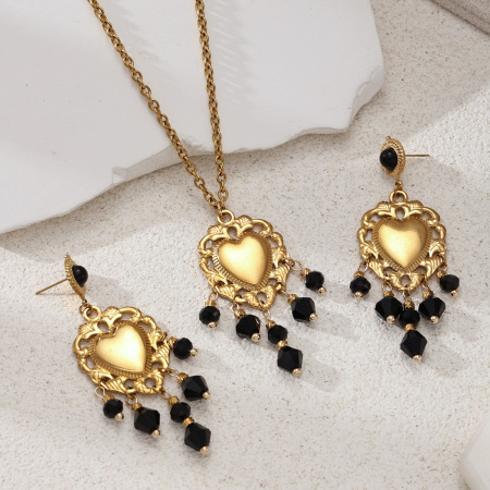 Ensemble collier et collier rétro en acier inoxydable, imperméable, couleur or, avec pompon en cristal et pierre naturelle, motif cœur. 2