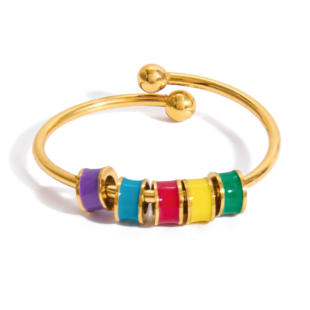 Bague Fantaisie En Acier Inoxydable Doré, Ornée De Perles Colorées Et Imperméables (1 Pièce). 