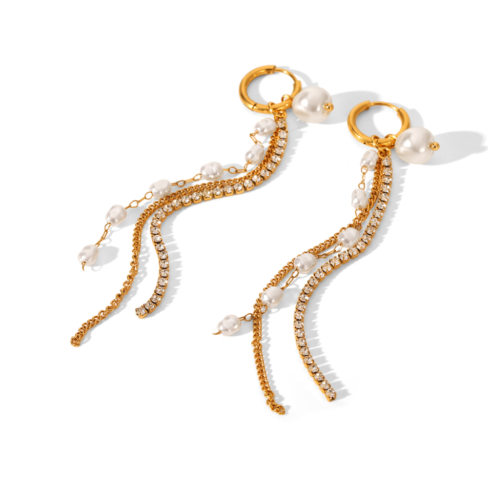 Boucles D'Oreilles Pendantes En Acier Inoxydable Doré, Ornées De Zircon Et De Pompons, Collection Luxe, 1 Paire 