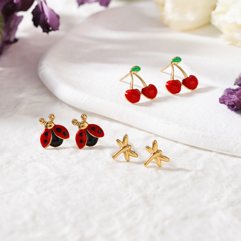 1 Paire De Boucles D'Oreilles Pour Femme En Acier Inoxydable Doré, Couleur Cerise Vive Image5
