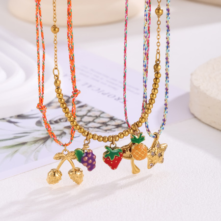 Collier pendentif femme en acier inoxydable doré, motif fruits colorés (1 pièce) 2