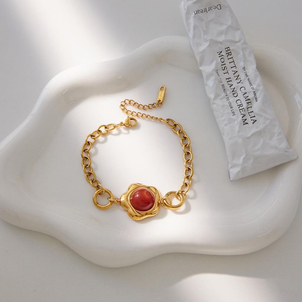 Bracelet À Maillons Pour Femme, En Acier Inoxydable, Imperméable, Couleur Or, Orné D'Une Fleur Luxueuse (1 Pièce). Image5