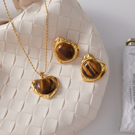 Ensembles de bijoux pour femmes en acier inoxydable doré, style classique, avec pierre naturelle et cœur. 2