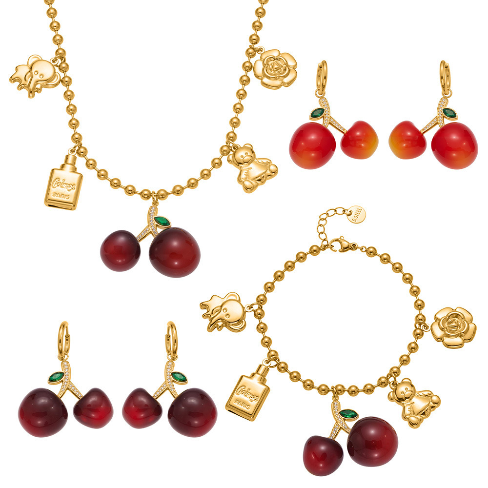 Ensembles De Bijoux Pour Femmes En Acier Inoxydable, Couleur Or, Avec Zircon Et Cerise Douce Image5