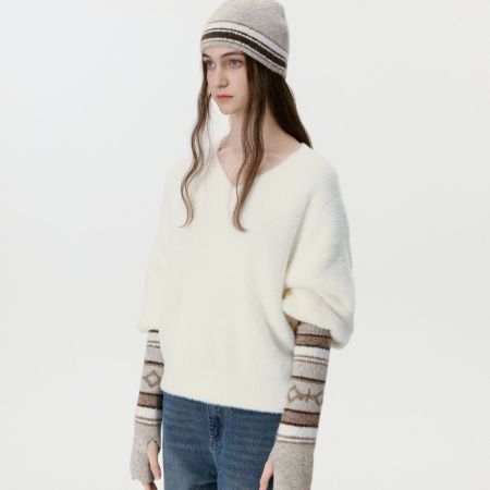 Couvre-manches et bonnet tricotés en rayonne à rayures patchwork rétro