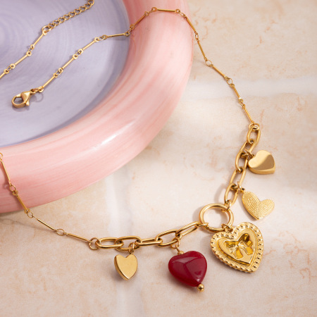 Collier pendentif femme rétro en forme de cœur, en acier inoxydable, étanche, couleur or et acrylique. 2
