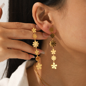 1 Paire De Boucles D'Oreilles Pendantes En Acier Inoxydable Doré, Imperméables, À Motif Floral h5 Image5