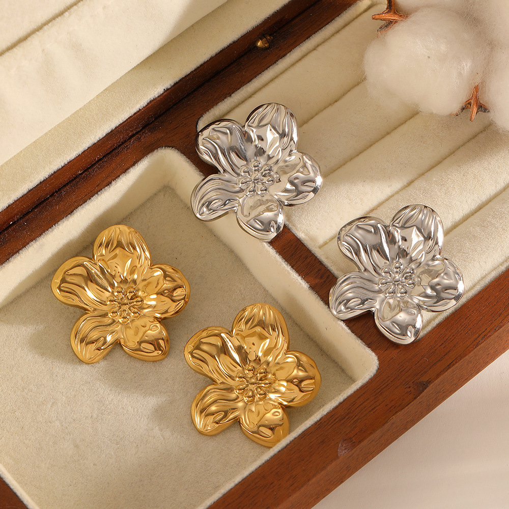 1 Paire De Boucles D'Oreilles À Clous En Acier Inoxydable Doré, Imperméables, En Forme De Fleur Image2