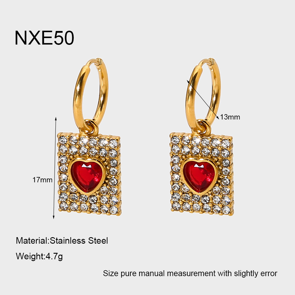 1 Paire De Boucles D'Oreilles Créoles Élégantes En Forme De Cœur, Rectangulaires, En Acier Inoxydable Étanche Avec Zircon.
