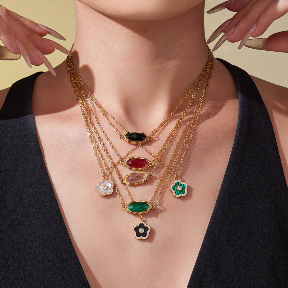 Magnifique Ensemble De Bijoux Pour Femmes, Chaîne Hexagonale En Forme De Fleur, En Acier Inoxydable Étanche, Couleur Or Et Cristal. h5Image6