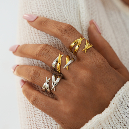Bague femme tendance, lignes géométriques simples, en acier inoxydable étanche couleur or (1 pièce) 2