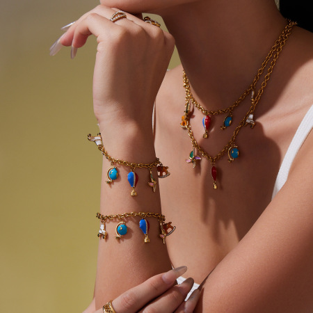 Ensembles de bijoux pour femmes en acier inoxydable imperméable avec montgolfière et zircon doré, personnalisables