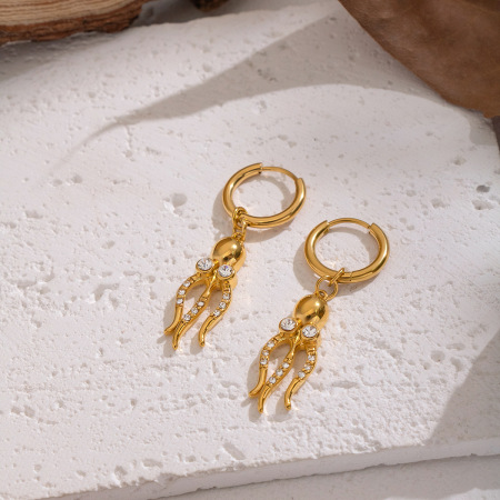 Boucles d'oreilles pendantes en forme de pieuvre, en acier inoxydable étanche, couleur or, avec zircon (1 paire). 2