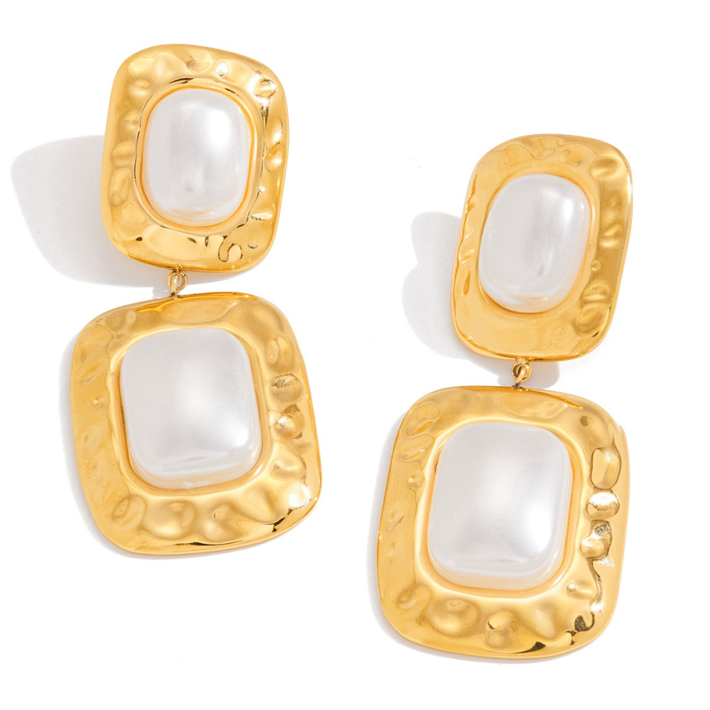 1 Paire De Magnifiques Boucles D'Oreilles Pendantes Rectangulaires En Acier Inoxydable Étanche Couleur Or Pour Femme 