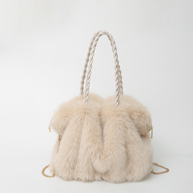 1 Sac Fourre-Tout Luxueux Pour Femme, En Fourrure Plissée, Couleur Unie