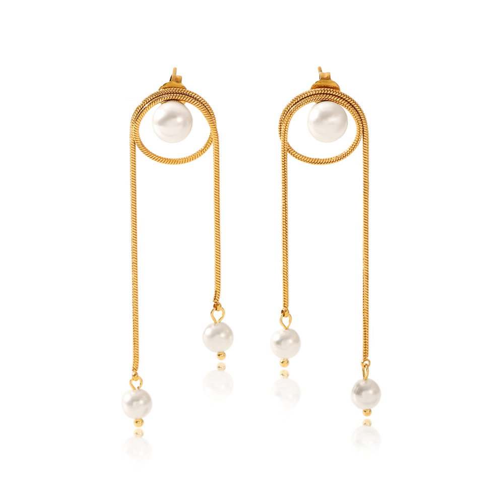 Boucles D'Oreilles Pendantes À Pompon En Acier Inoxydable Étanche Couleur Or Avec Perles (1 Paire) 