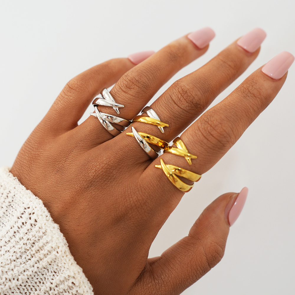 Bague Femme Tendance, Lignes Géométriques Simples, En Acier Inoxydable Étanche Couleur Or (1 Pièce) Image6