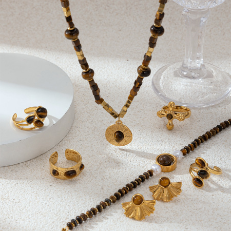 Ensemble de colliers en acier inoxydable étanches avec perles de pierre naturelle