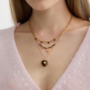 Collier Pendentif Femme Classique En Forme De Cœur, En Acier Inoxydable Étanche, Couleur Or, Avec Pierre Naturelle (1 Pièce) h5 Image3