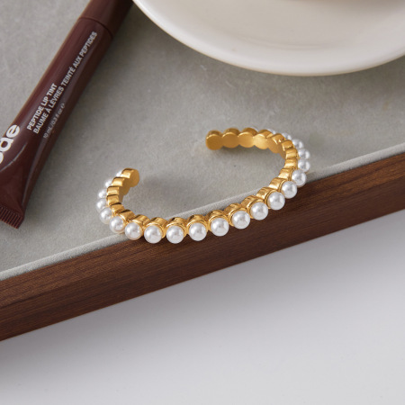 Bracelet classique pour femme, en acier inoxydable, couleur or, orné de perles (1 pièce) 2