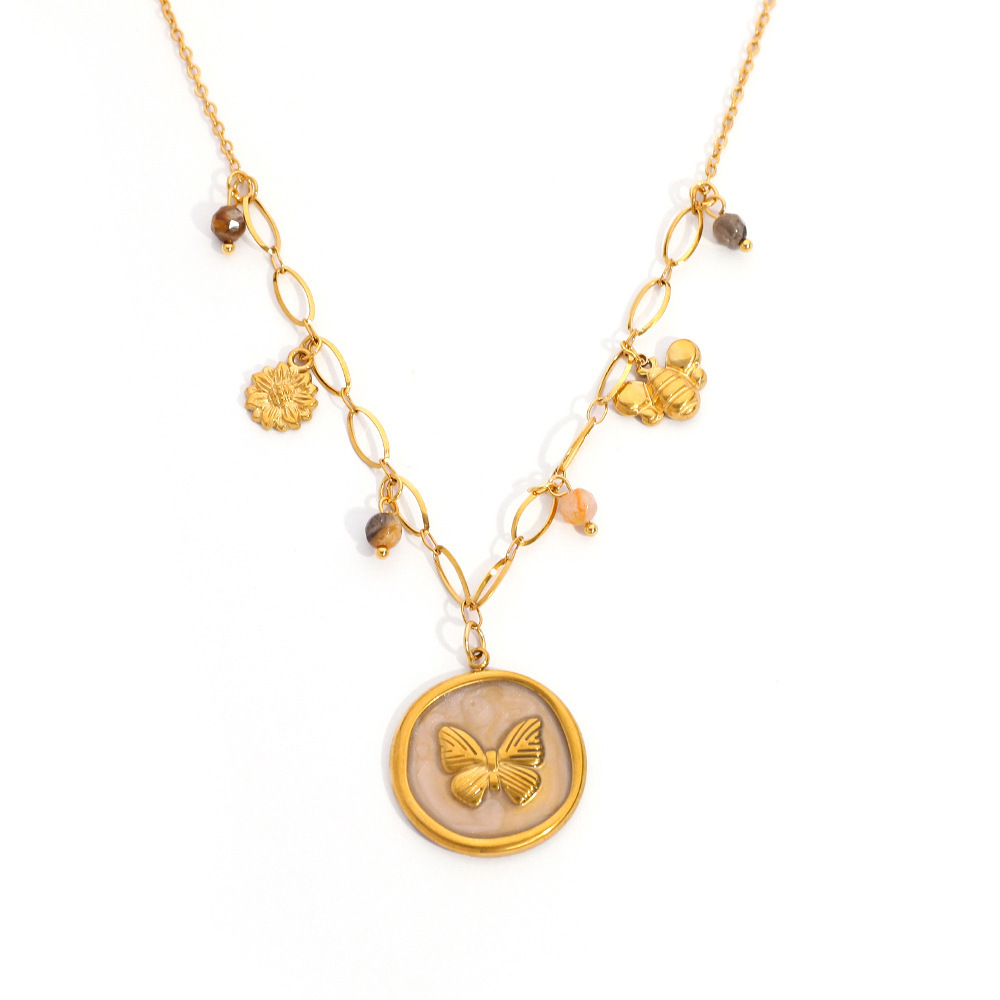 Collier Pendentif Papillon Rond En Acier Inoxydable Étanche Pour Femme (1 Pièce) Image5