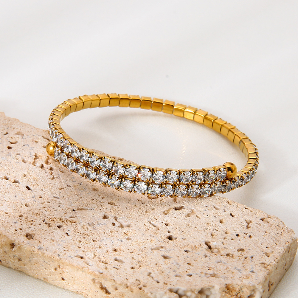 Bracelet Manchette De Luxe En Acier Inoxydable, Étanche, Couleur Or, Orné De Zircon (1 Pièce). Image2