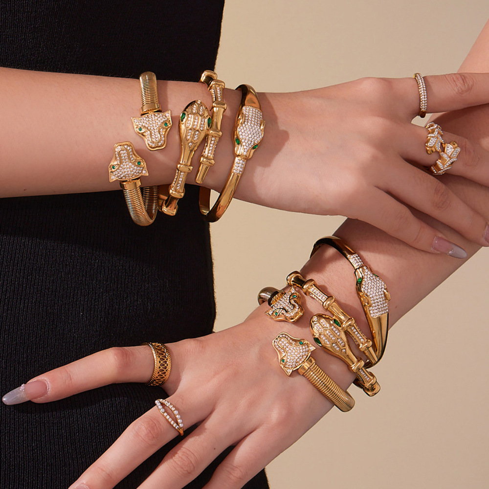 1 Bracelet Luxueux En Acier Titane Et Zircon Doré Motif Léopard Et Serpent Pour Femme h5Image3