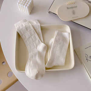 1 Paire De Chaussettes Mi-Mollet Simples En Pur Coton Texturé De Couleur Unie Pour Femmes h5 Image2