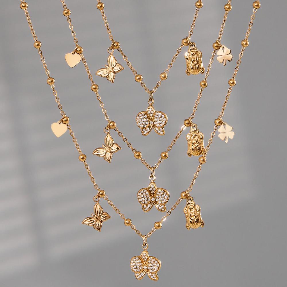 Collier Pendentif Femme En Acier Inoxydable Doré, Motif Phalaenopsis, 1 Pièce Image3