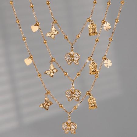 Collier pendentif femme en acier inoxydable doré, motif phalaenopsis, 1 pièce 2