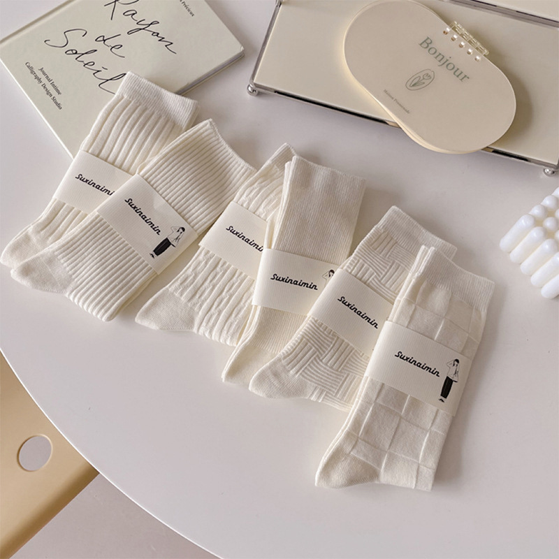 1 Paire De Chaussettes Mi-Mollet Simples En Pur Coton Texturé De Couleur Unie Pour Femmes Image3