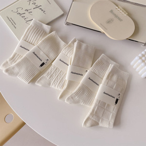 1 Paire De Chaussettes Mi-Mollet Simples En Pur Coton Texturé De Couleur Unie Pour Femmes h5 Image3