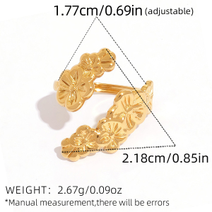 Bague Femme Simple, Rétro, À Motif Floral, En Acier Inoxydable Étanche, Couleur Or (1 Pièce). h5 Image2