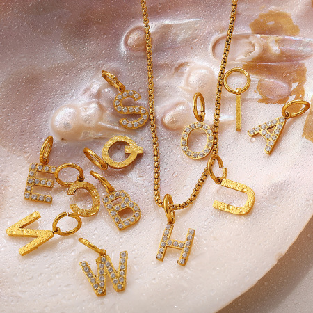 Pendentif DIY en acier inoxydable étanche doré avec strass (1 pièce, 26 lettres)